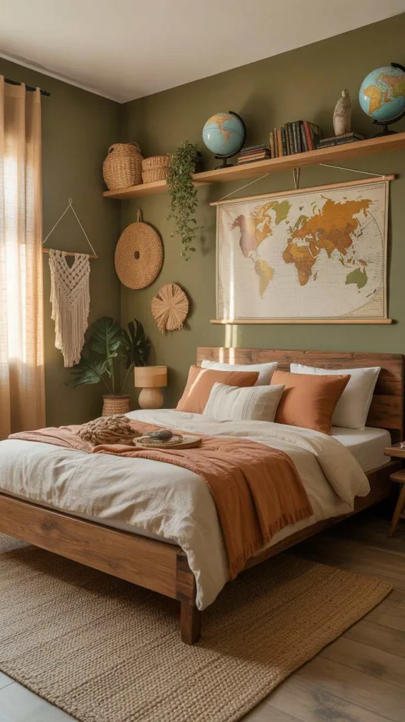 Earthy Green Bedroom with Global Inspiration