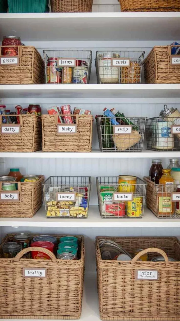 Incorporating Baskets for Neatness in Small Pantry Closets