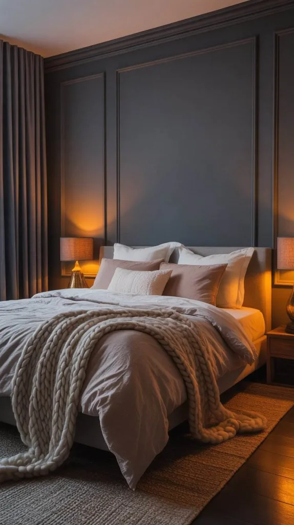 Moody Grey Bedroom with Warm Lighting
