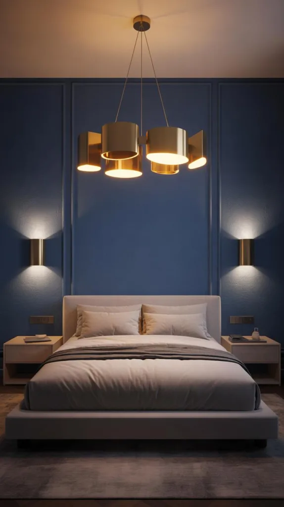 Blue Bedroom with Statement Lighting