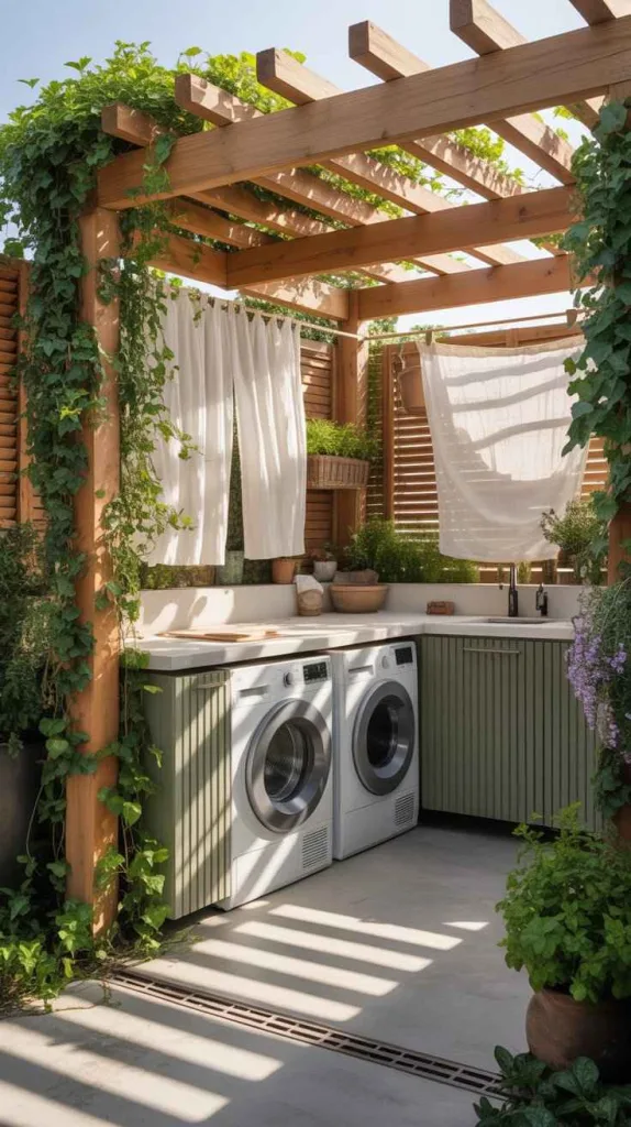 Pergola-Covered Airy Laundry Zone