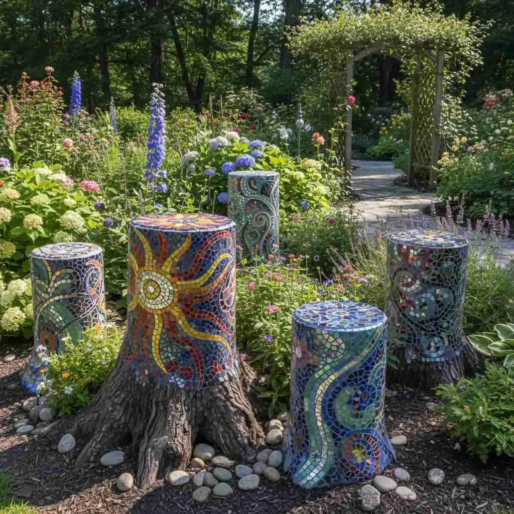 12 Flower Garden Decor Ideas: Blooming Paradise 4 Mosaic Tree Stumps