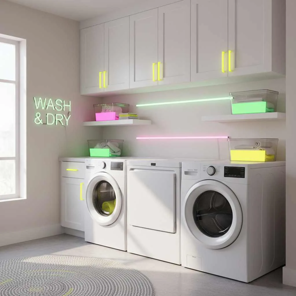 Neon Accented Laundry Room with Playful Energy