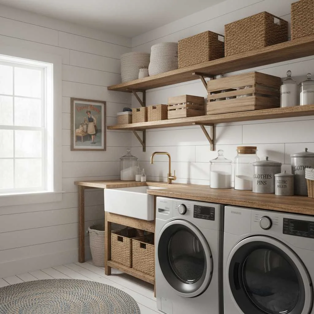 Open Shelving with Rustic Storage Baskets