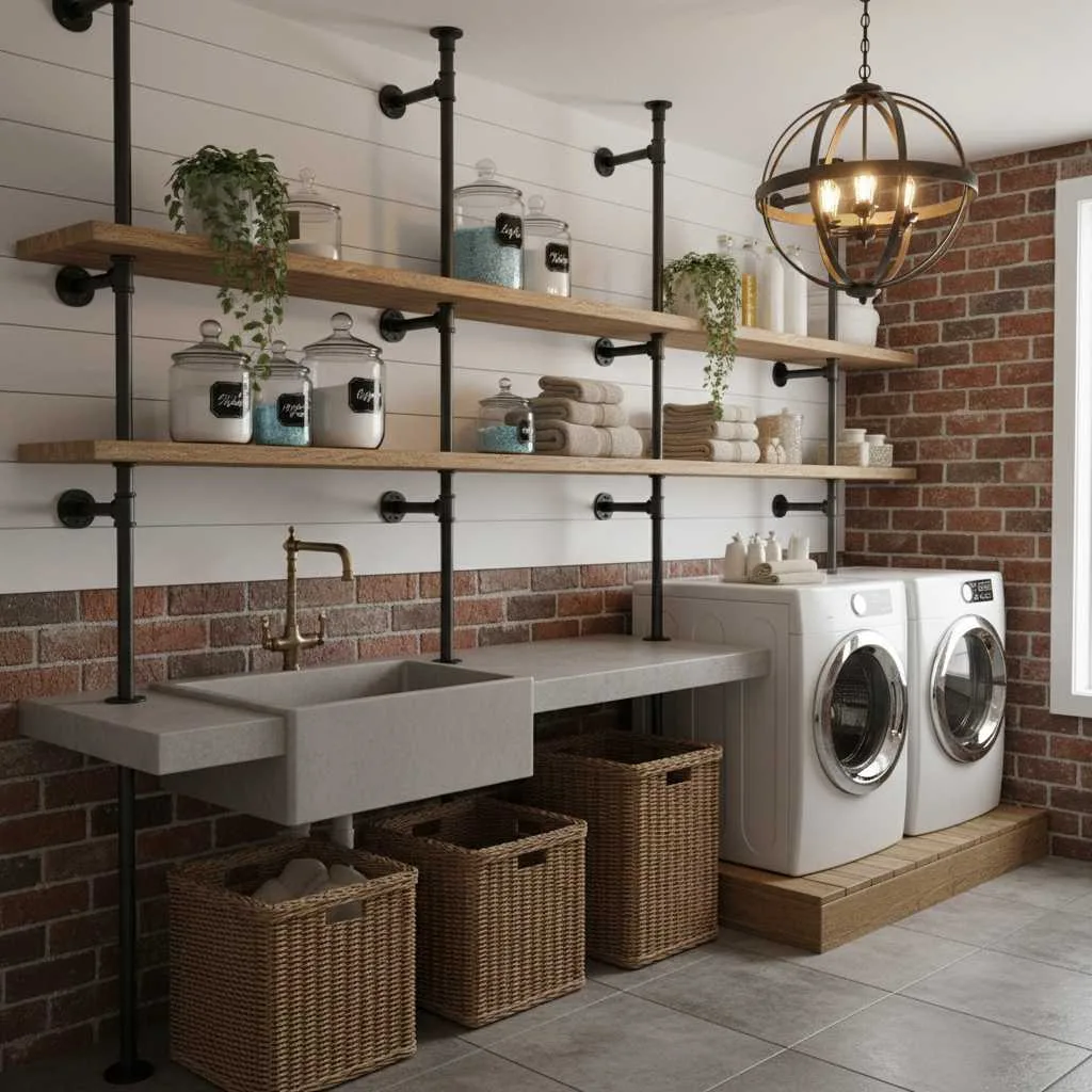 12 Laundry Room Shelves Ideas That Work Well 7 Rustic Pipe and Wood Shelves