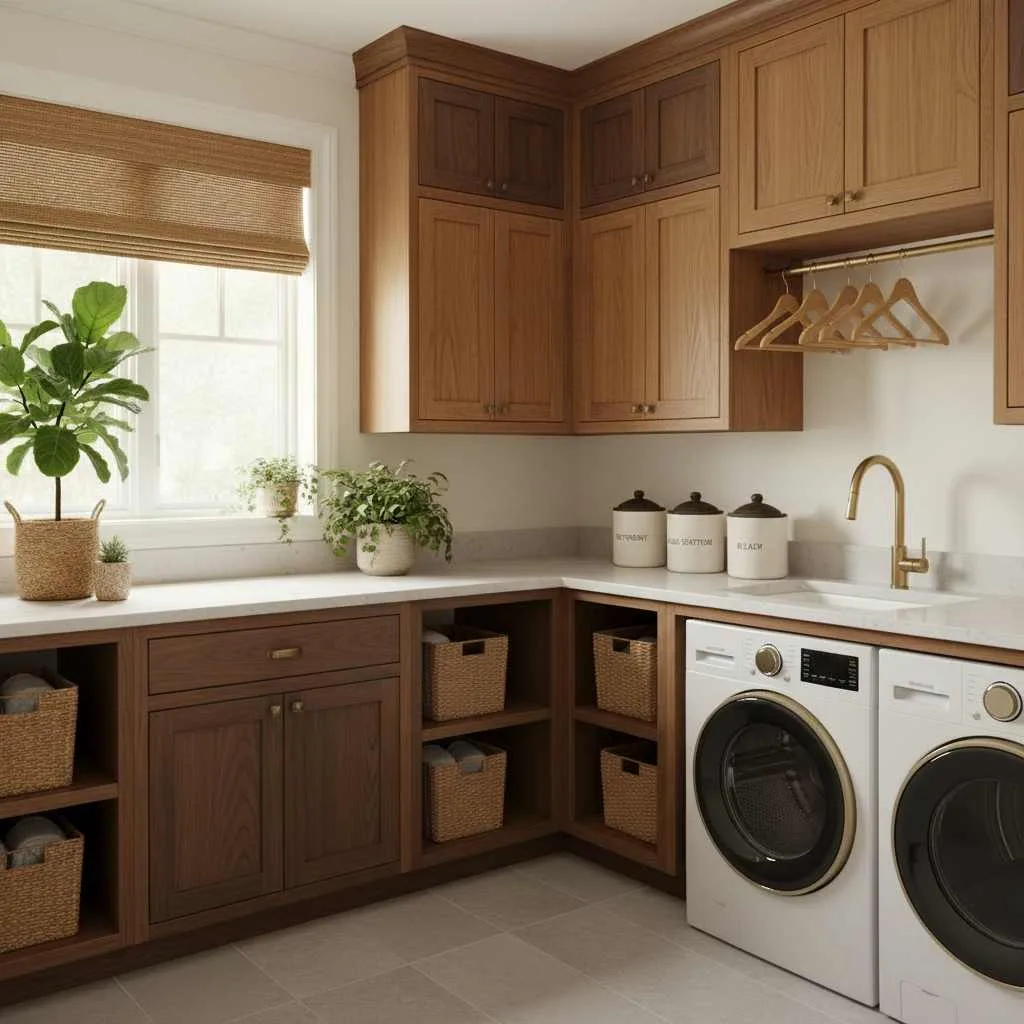 Warm Wood-Toned Laundry Room Comfort