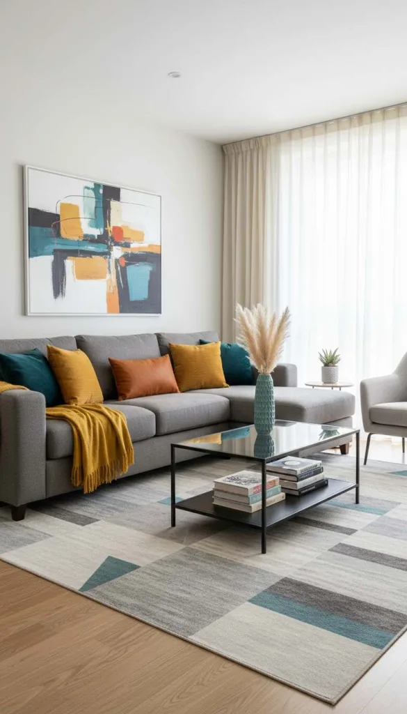 Bright Pops of Color with a Grey Sofa
