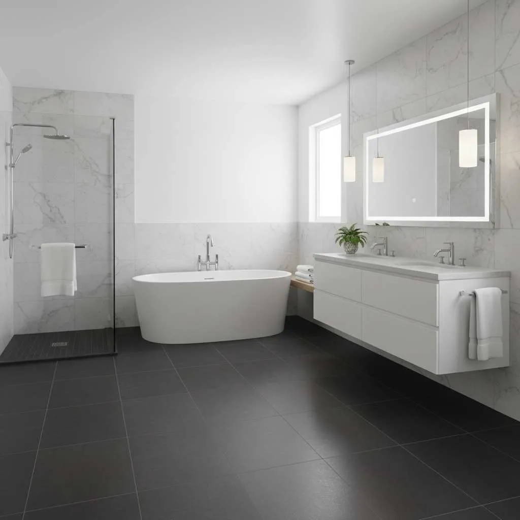 10+ Bathroom Flooring Ideas: Don’t be Afraid to Try 7 Dark Charcoal Tiles for Depth