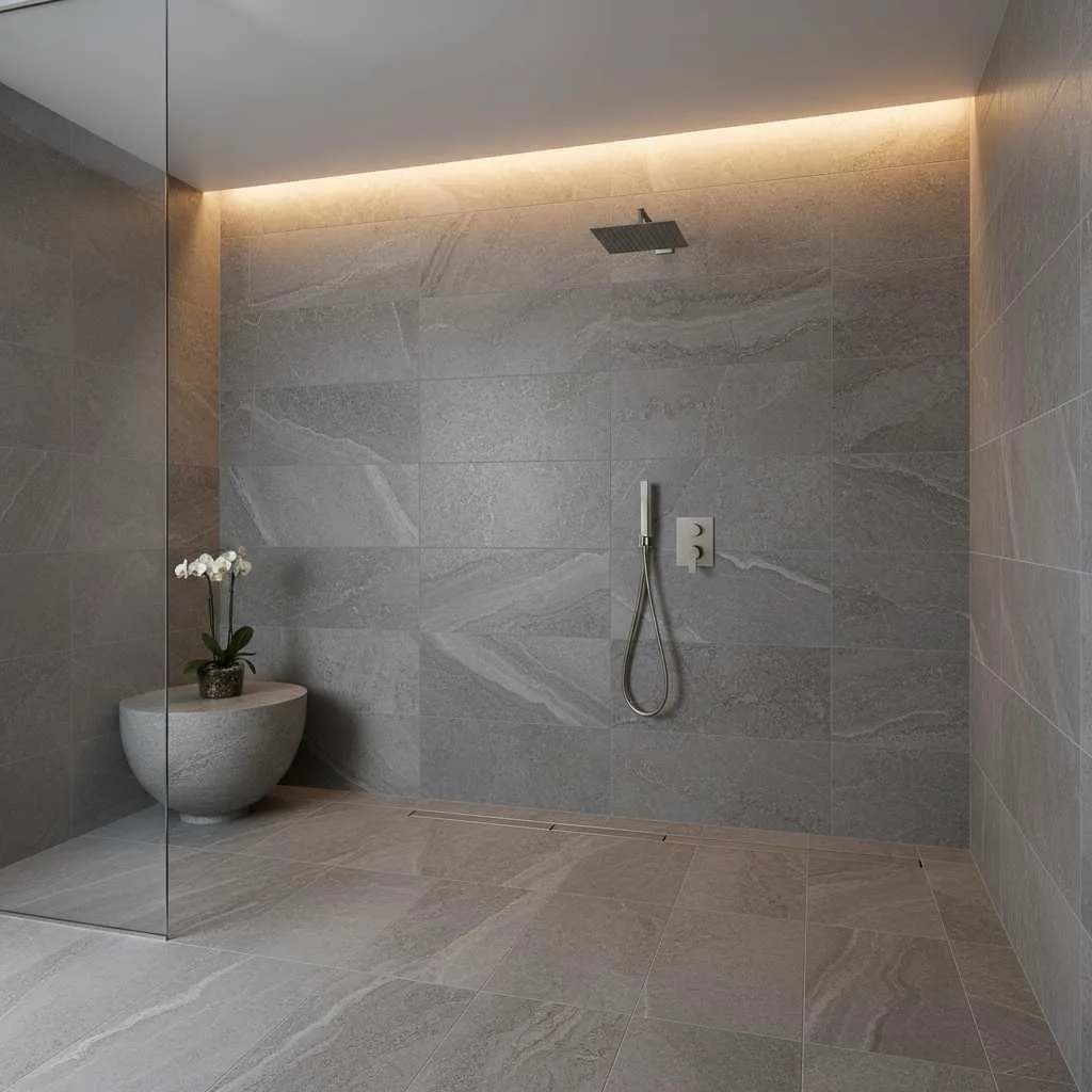 Open Shower with Stone Texture