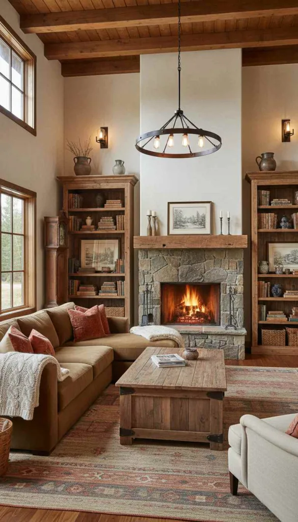 Rustic Living Room with a Brown Couch