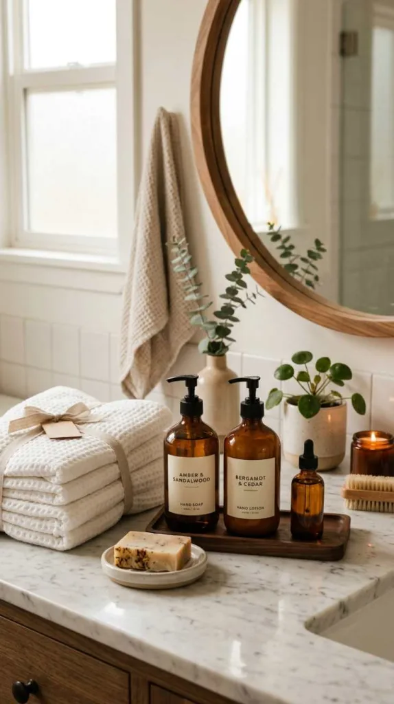 12 Bathroom Counter Decor Ideas for a Clean and Cozy Look 5 Amber Glass Soap Bottles