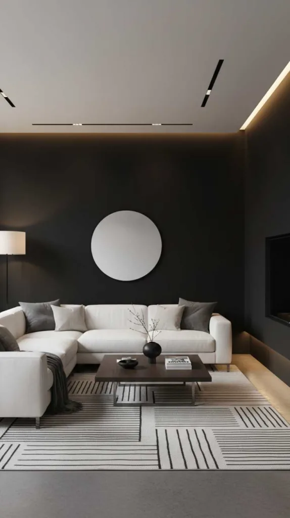 Black Walls with a White Sofa Contrast