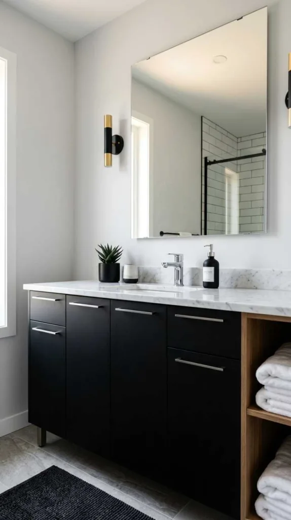 12 Bathroom Cabinet Styling Ideas for Small Space Homes 11 Black and White Cabinet Contrast