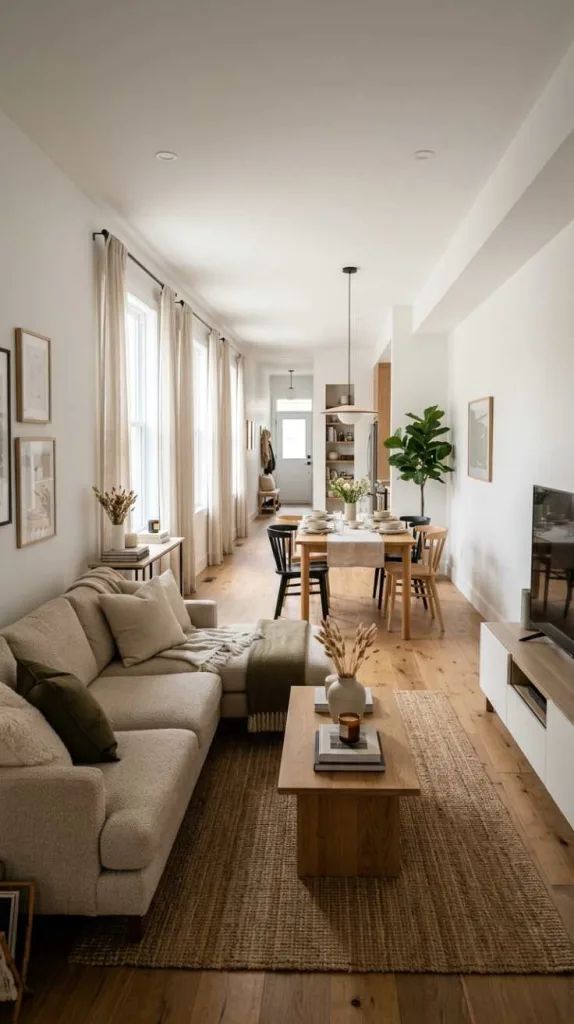 10+ Brilliant Layouts for Your Long Narrow Living Room: Smart Design 6 Blend Living and Dining in One Flow