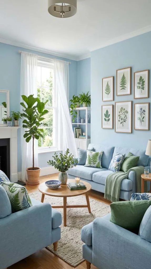 12 Light Blue Living Room Ideas for a Calm and Cozy Space 8 Blue and Green Botanical Living Room Mix