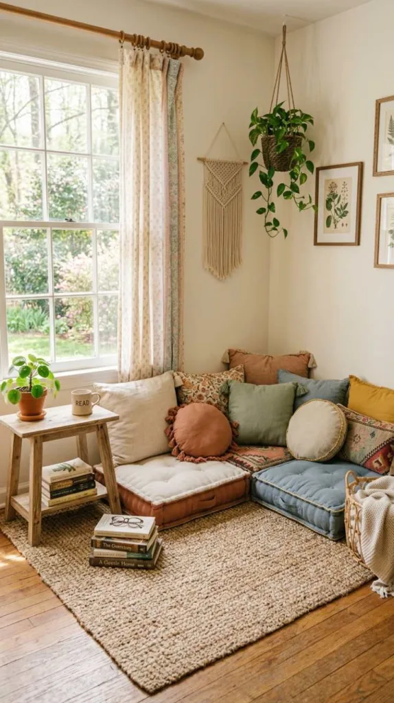12 Spring DIY Floor Cushion Ideas for Cozy Spaces 3 Boho Layered Cushion Corners