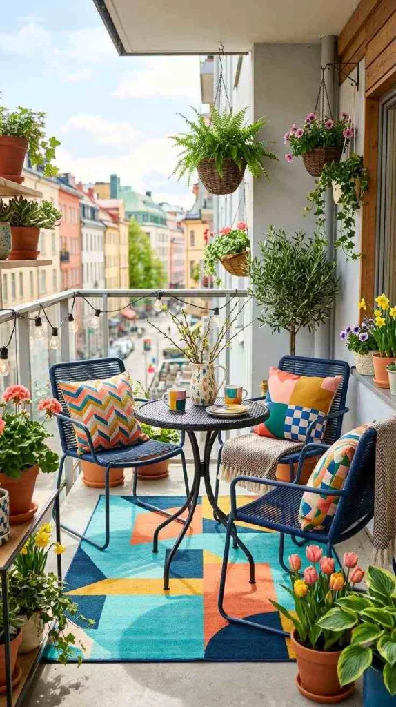12 Spring Balcony Decoration Ideas 2026 for Cozy Small Spaces 8 Bold Pattern Balcony Styling