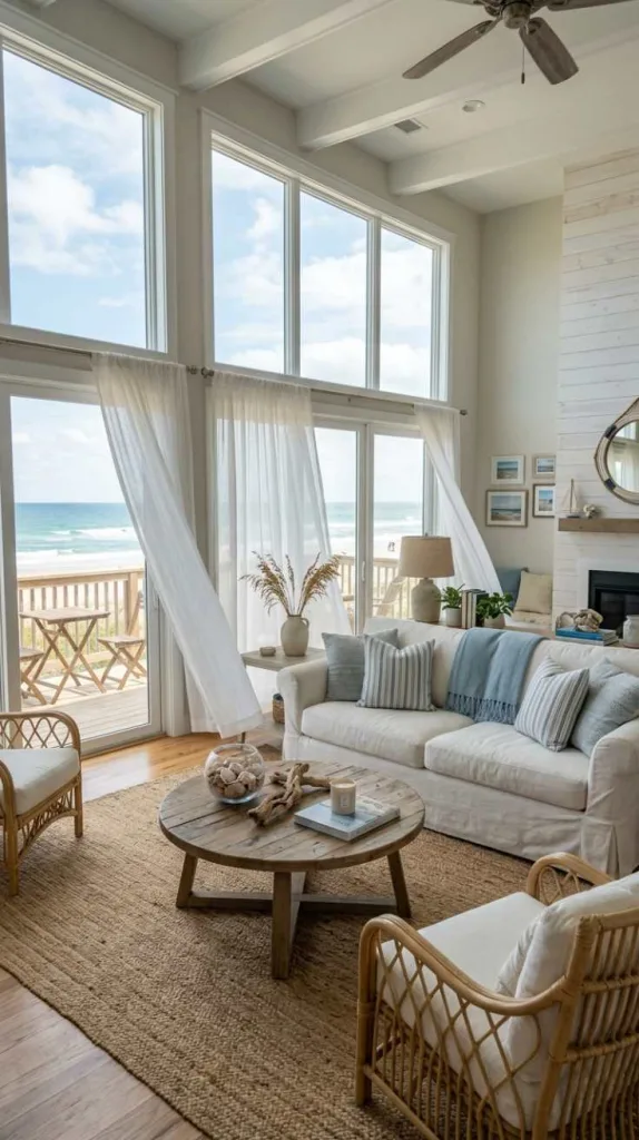 11+ Coastal Living Room Ideas for a Relaxed Beachy Feel 4 Breezy Curtain Coastal Atmosphere