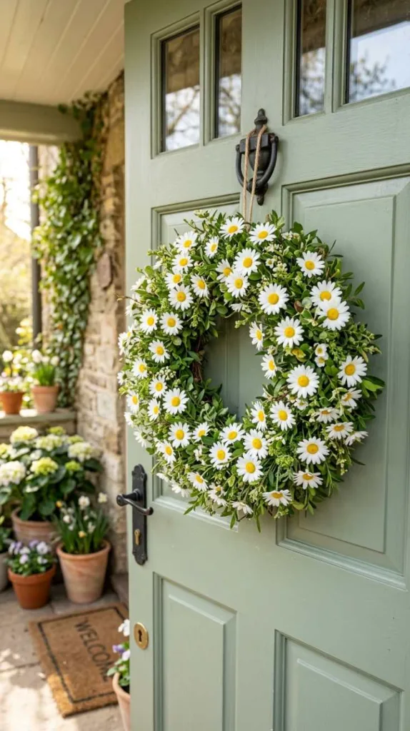 10+ Spring Wreath Ideas for Front Door That Feel Welcoming 3 Bright Daisy Wreath with Sunny Charm