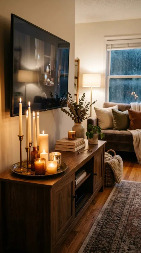 10+ Living Room TV Stand Decor Ideas for a Cozy Home 4 Candle Glow