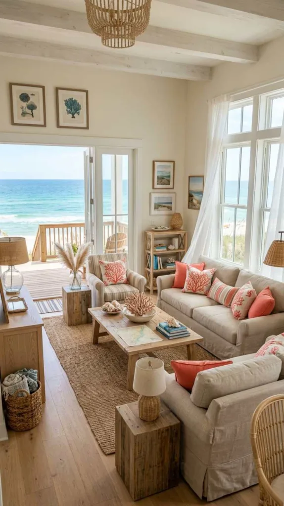 11+ Coastal Living Room Ideas for a Relaxed Beachy Feel 7 Coral Touch Coastal Warmth