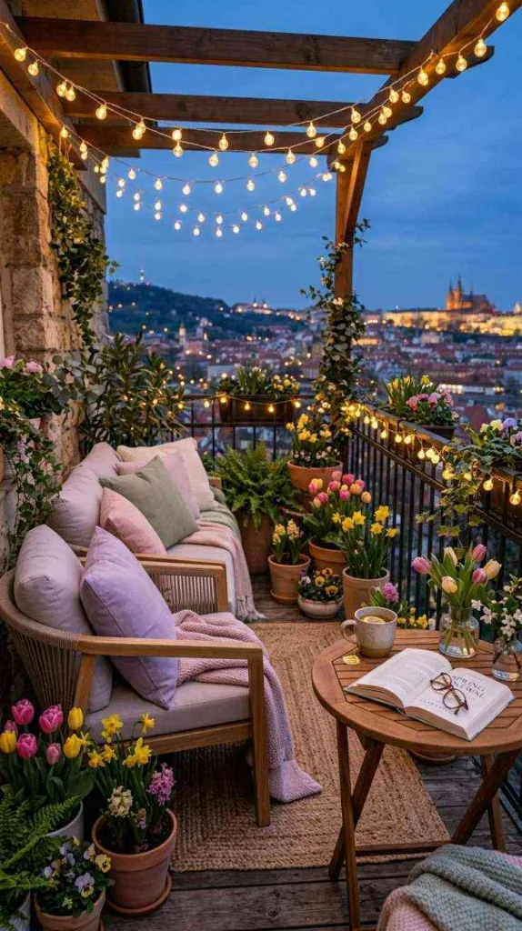 12 Spring Balcony Decoration Ideas 2026 for Cozy Small Spaces 14 Cozy Evening Balcony Retreat