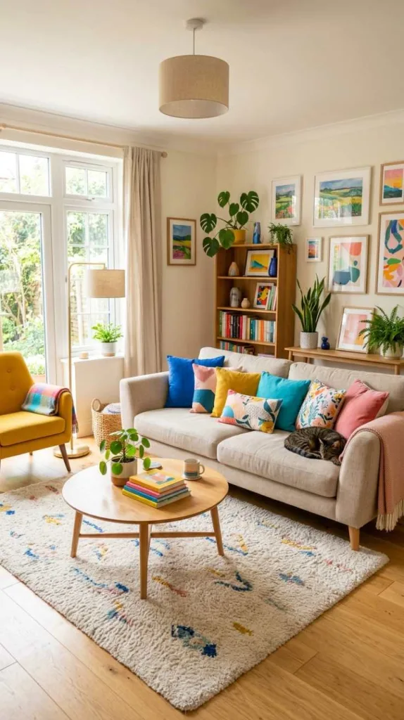 11+ Colorful Living Room Ideas: Full of Personality 7 Cushion Color Play Zone