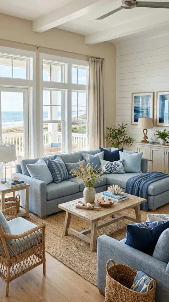 11+ Coastal Living Room Ideas for a Relaxed Beachy Feel 10 Denim Blue Coastal Layers