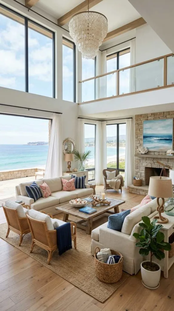 11+ Coastal Living Room Ideas for a Relaxed Beachy Feel 13 Double Height Coastal Spaces