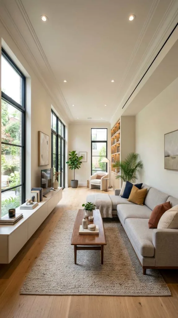 10+ Brilliant Layouts for Your Long Narrow Living Room: Smart Design 14 Draw the Eye Up with Ceiling Details