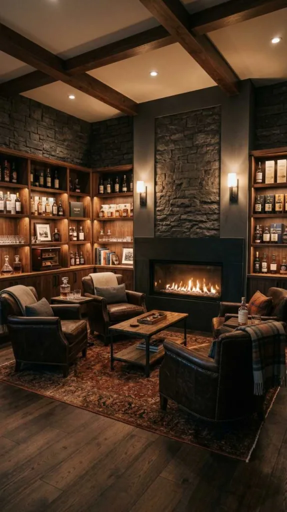 Fireplace-Centered Whiskey Lounge