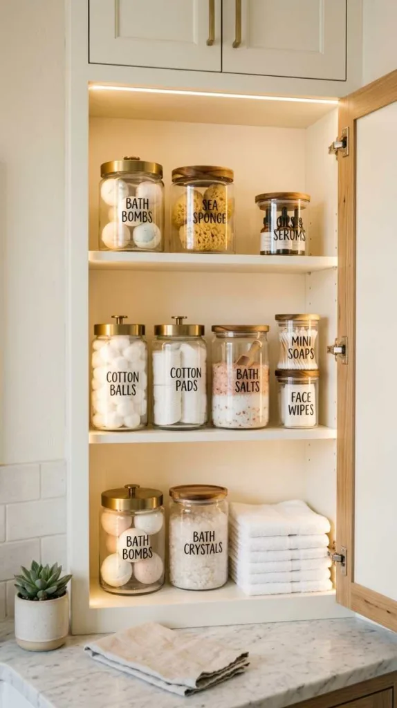 12 Bathroom Cabinet Styling Ideas for Small Space Homes 6 Glass Jar Bathroom Organization