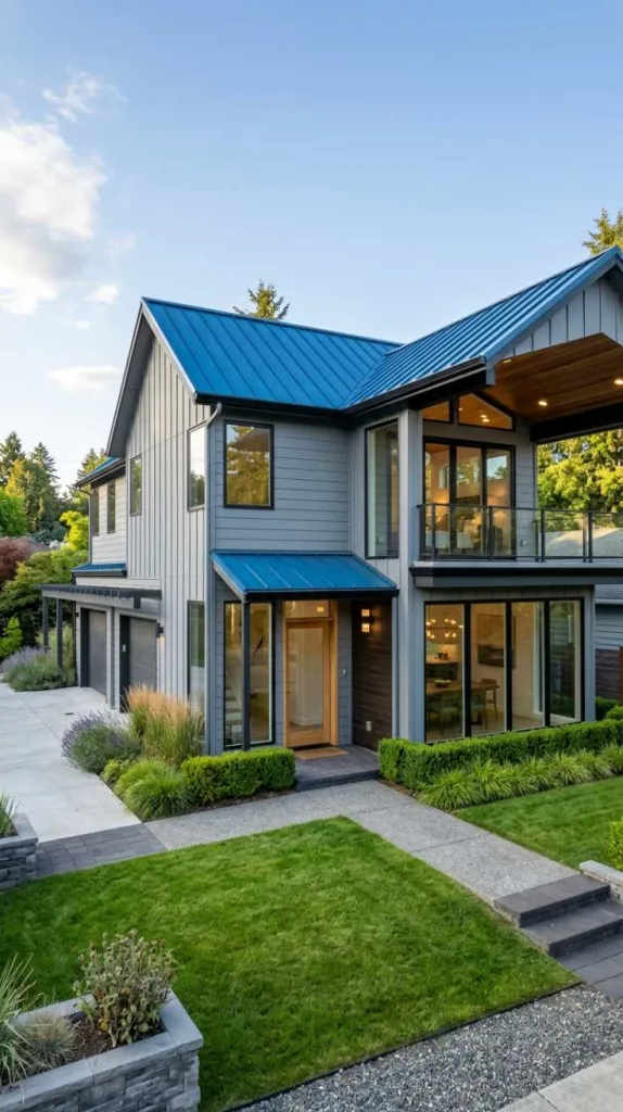 Gray Siding Blue Roof Home