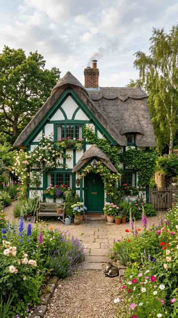 10+ Dark Green Exterior House Color Ideas That Feel Timeless 9 Half-Timbered Cottage Mood