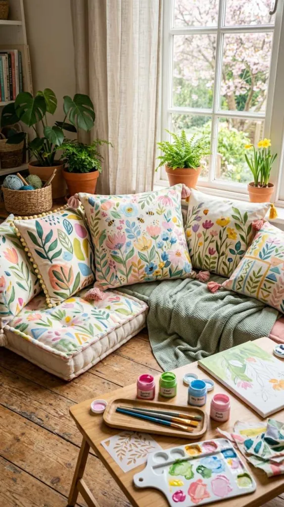 12 Spring DIY Floor Cushion Ideas for Cozy Spaces 14 Hand-Painted Fabric Cushion Covers