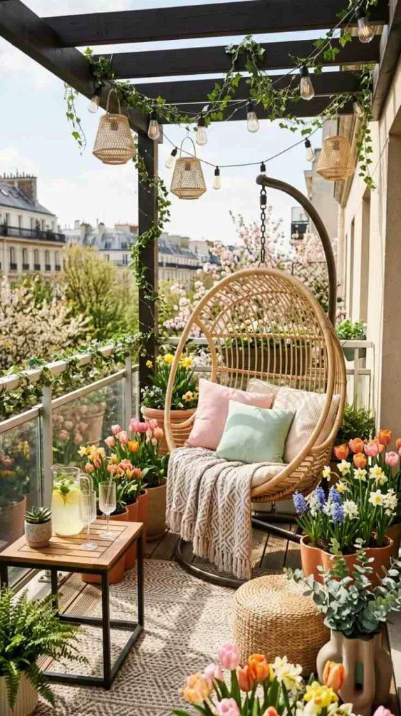 12 Spring Balcony Decoration Ideas 2026 for Cozy Small Spaces 7 Hanging Balcony Swing Relaxation