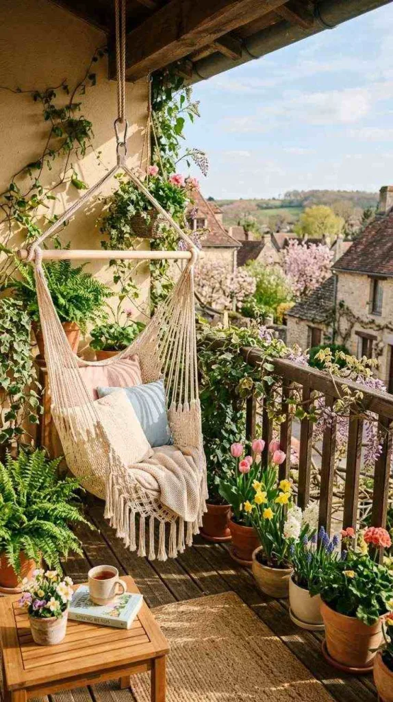 12 Spring Balcony Decoration Ideas 2026 for Cozy Small Spaces 4 Hanging Macrame Chair Corner