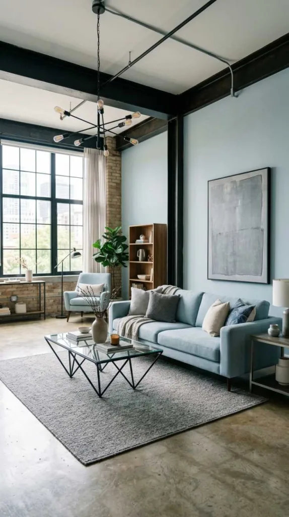 12 Light Blue Living Room Ideas for a Calm and Cozy Space 9 Industrial Grey and Blue Modern Blend