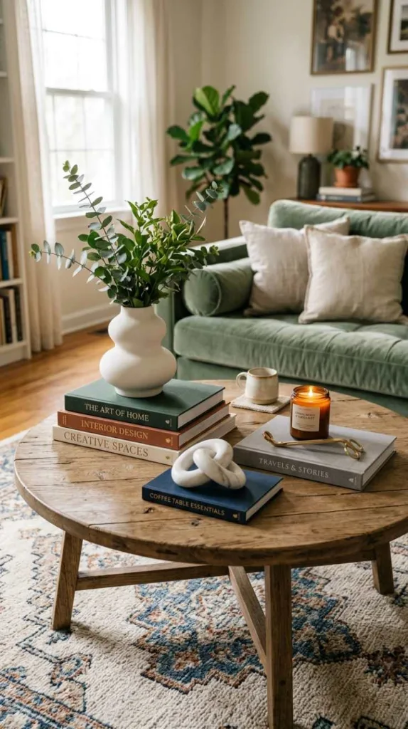11+ Coffee Table Tray Decor Ideas for a Cozy Living room 4 Layered Books and Decorative Objects