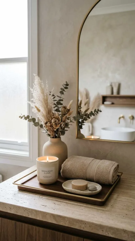 12 Bathroom Counter Decor Ideas for a Clean and Cozy Look 11 Layered Neutral Decor