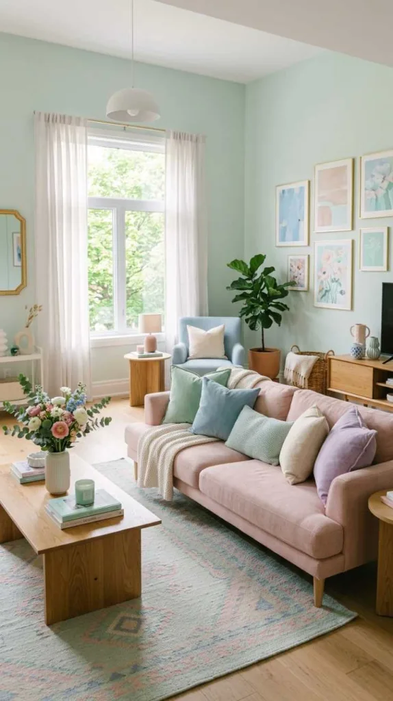 10+ Pastel Color Palette Ideas for Living Room Decor 14 Layered Pastel Living Space