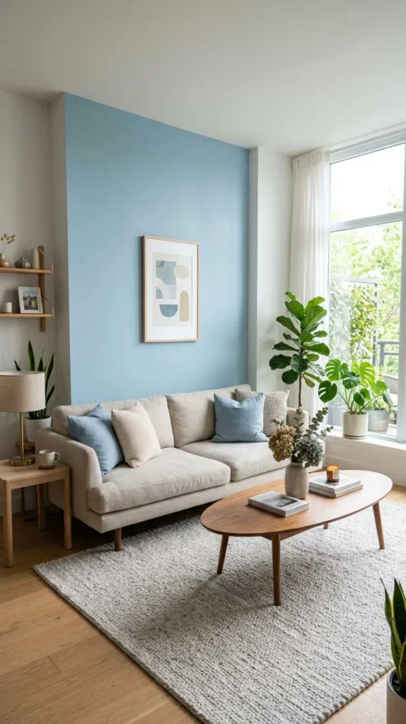 12 Light Blue Living Room Ideas for a Calm and Cozy Space 12 Light Blue Accent Wall Statement Look