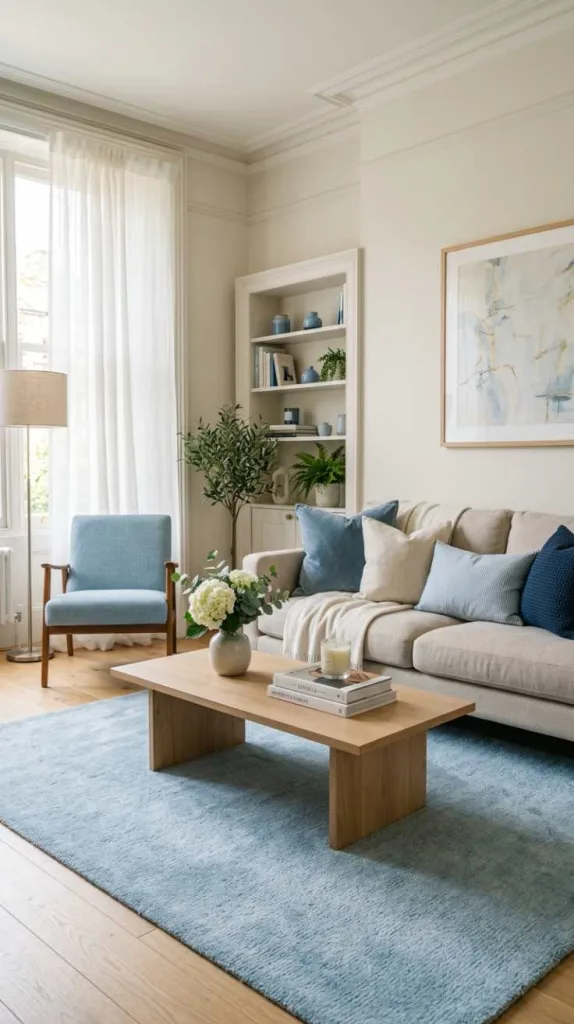 12 Light Blue Living Room Ideas for a Calm and Cozy Space 7 Light Blue Rug with Soft Layered Decor