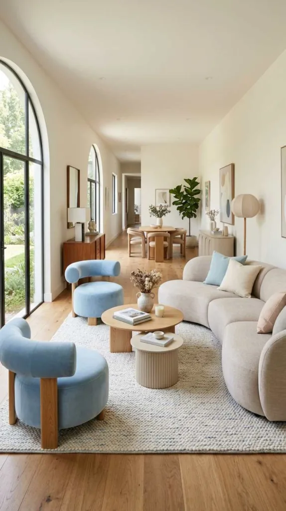 10+ Brilliant Layouts for Your Long Narrow Living Room: Smart Design 4 Light Tones with Soft Curved Shapes