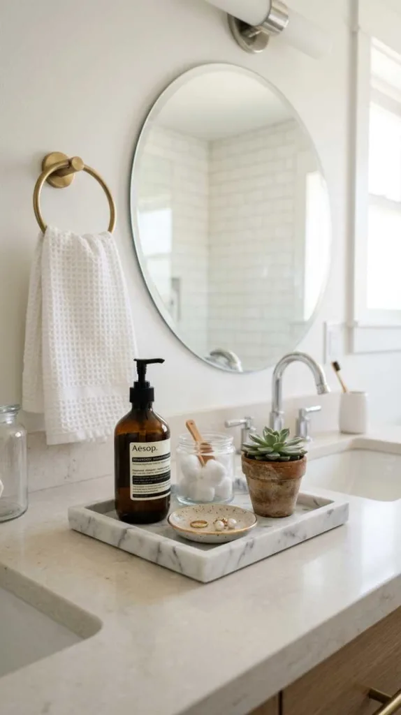 12 Bathroom Counter Decor Ideas for a Clean and Cozy Look 3 Marble Tray Styling