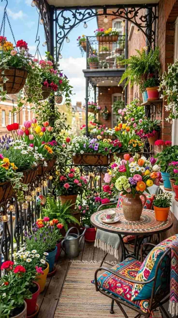 12 Spring Balcony Decoration Ideas 2026 for Cozy Small Spaces 5 Maximalist Flower Balcony Escape