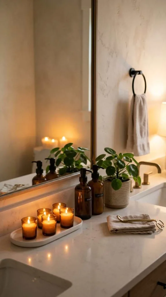 12 Bathroom Counter Decor Ideas for a Clean and Cozy Look 8 Minimal Candle Arrangement