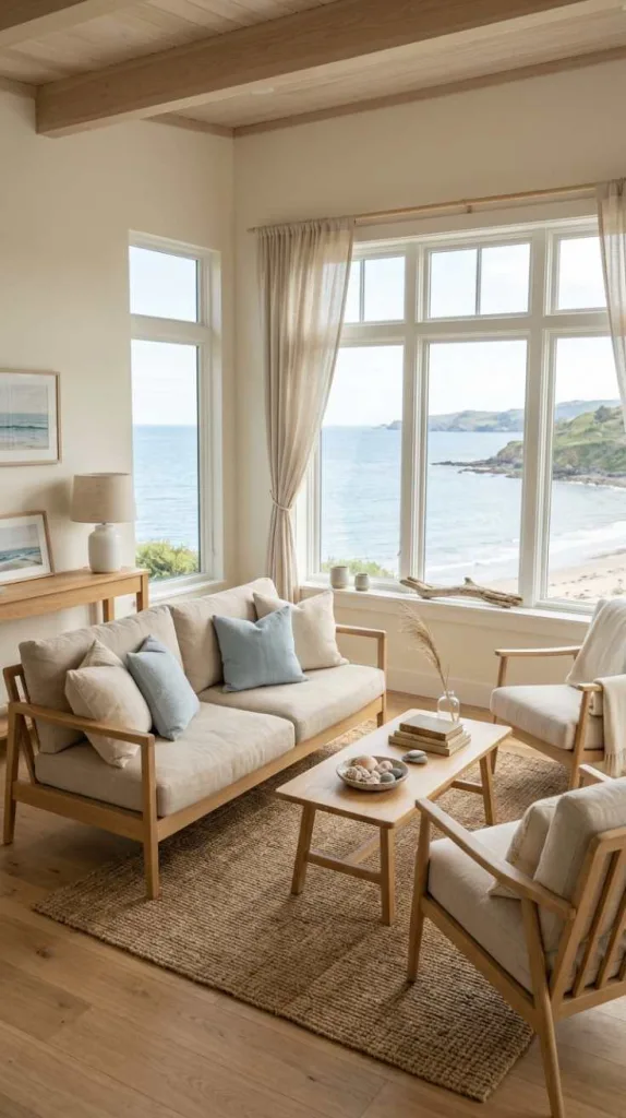 11+ Coastal Living Room Ideas for a Relaxed Beachy Feel 3 Minimal Coastal Wood Seating Look