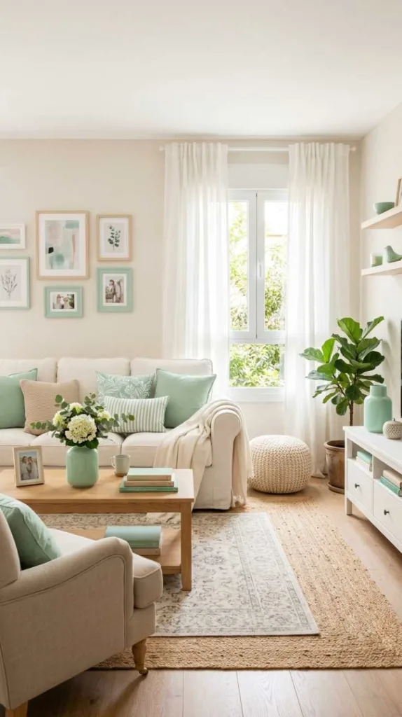 10+ Pastel Color Palette Ideas for Living Room Decor 11 Mint Green Accent Details
