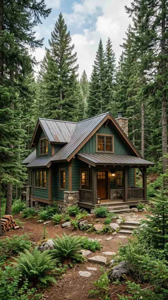 10+ Dark Green Exterior House Color Ideas That Feel Timeless 7 Mountain Cabin Green Style